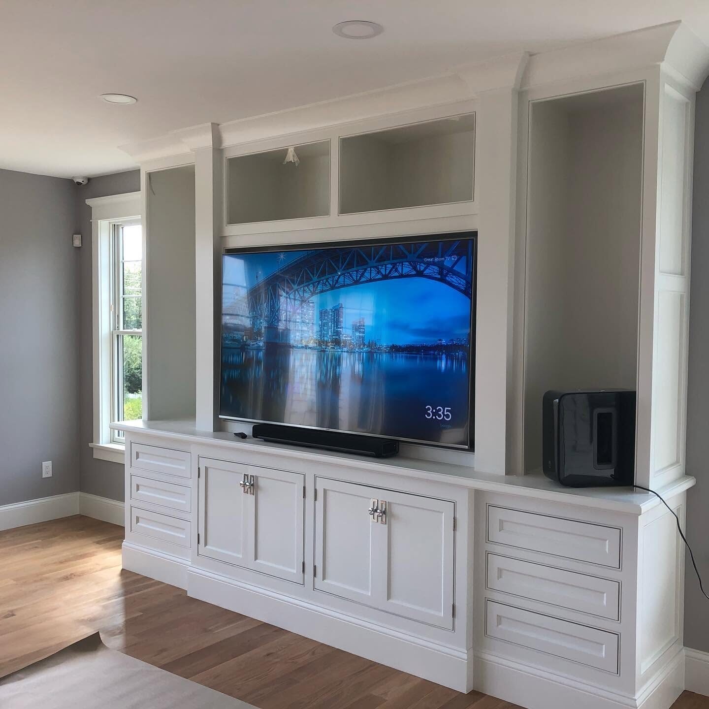 White painted media built-in and trim