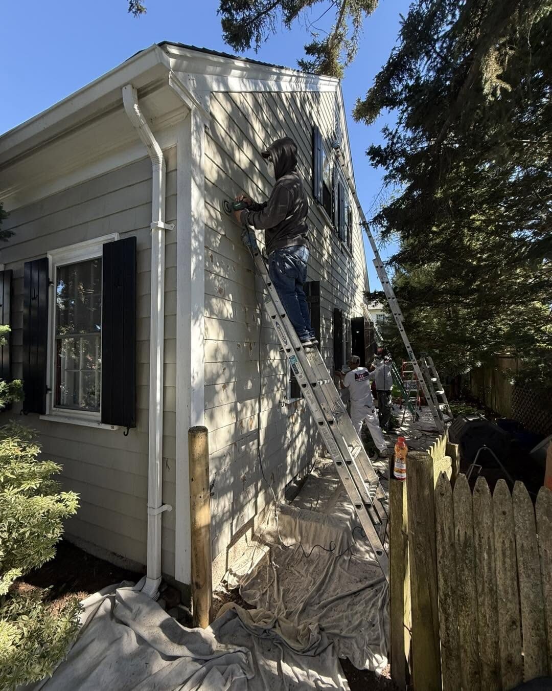 Painter on a ladder painting clapboard siding and trim